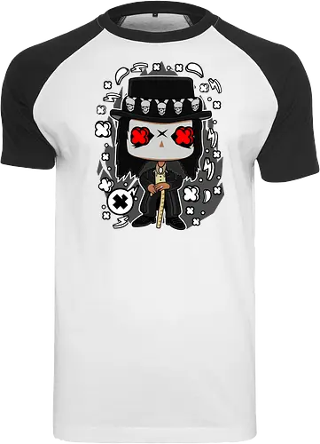 Voodoo-Entität Chibi - dunkle Chibi-Kunst, Voodoo-Entität, Totenkopf-Zylinder, rote Augen, Horror-Druck, übernatürlicher Charakter, Papa Legba, American Horror Story, AHS Coven, Funko Pop, vodu, Geek Horror Kunst, Chibi Sammlerstück, Machtstab, Horror-Fan-Geschenk, mystische Figur, Voodoo-Ästhetik, Horror-Geek-Kleidung, exklusive dunkle Kunst, geheimnisvoller Charakter - Raglan T-Shirt
