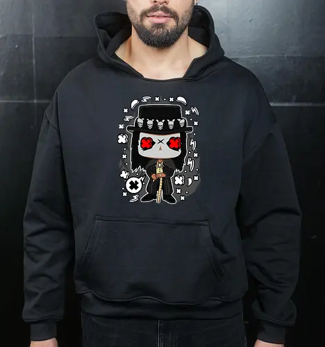 Voodoo-Entität Chibi - dunkle Chibi-Kunst, Voodoo-Entität, Totenkopf-Zylinder, rote Augen, Horror-Druck, übernatürlicher Charakter, Papa Legba, American Horror Story, AHS Coven, Funko Pop, vodu, Geek Horror Kunst, Chibi Sammlerstück, Machtstab, Horror-Fan-Geschenk, mystische Figur, Voodoo-Ästhetik, Horror-Geek-Kleidung, exklusive dunkle Kunst, geheimnisvoller Charakter - Cropped Hoodie