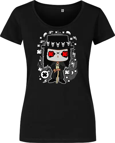 Voodoo-Entität Chibi - dunkle Chibi-Kunst, Voodoo-Entität, Totenkopf-Zylinder, rote Augen, Horror-Druck, übernatürlicher Charakter, Papa Legba, American Horror Story, AHS Coven, Funko Pop, vodu, Geek Horror Kunst, Chibi Sammlerstück, Machtstab, Horror-Fan-Geschenk, mystische Figur, Voodoo-Ästhetik, Horror-Geek-Kleidung, exklusive dunkle Kunst, geheimnisvoller Charakter - Women T-Shirt