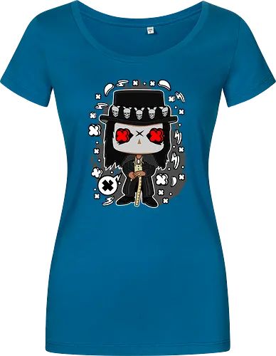 Voodoo-Entität Chibi - dunkle Chibi-Kunst, Voodoo-Entität, Totenkopf-Zylinder, rote Augen, Horror-Druck, übernatürlicher Charakter, Papa Legba, American Horror Story, AHS Coven, Funko Pop, vodu, Geek Horror Kunst, Chibi Sammlerstück, Machtstab, Horror-Fan-Geschenk, mystische Figur, Voodoo-Ästhetik, Horror-Geek-Kleidung, exklusive dunkle Kunst, geheimnisvoller Charakter - Women T-Shirt
