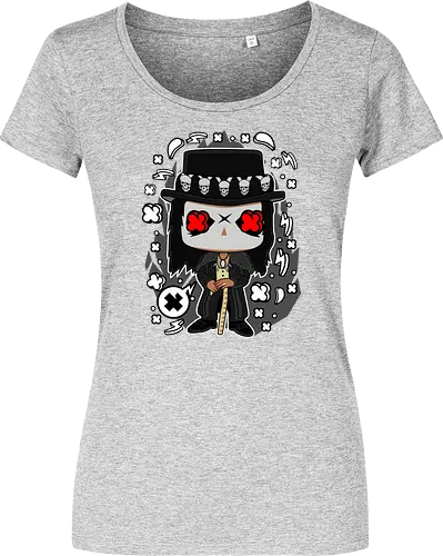 Voodoo-Entität Chibi - dunkle Chibi-Kunst, Voodoo-Entität, Totenkopf-Zylinder, rote Augen, Horror-Druck, übernatürlicher Charakter, Papa Legba, American Horror Story, AHS Coven, Funko Pop, vodu, Geek Horror Kunst, Chibi Sammlerstück, Machtstab, Horror-Fan-Geschenk, mystische Figur, Voodoo-Ästhetik, Horror-Geek-Kleidung, exklusive dunkle Kunst, geheimnisvoller Charakter - Women T-Shirt