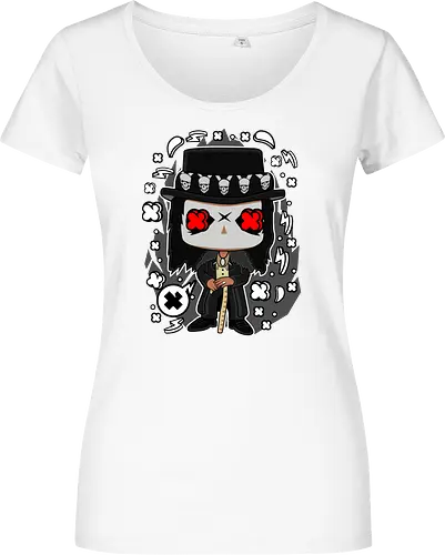 Voodoo-Entität Chibi - dunkle Chibi-Kunst, Voodoo-Entität, Totenkopf-Zylinder, rote Augen, Horror-Druck, übernatürlicher Charakter, Papa Legba, American Horror Story, AHS Coven, Funko Pop, vodu, Geek Horror Kunst, Chibi Sammlerstück, Machtstab, Horror-Fan-Geschenk, mystische Figur, Voodoo-Ästhetik, Horror-Geek-Kleidung, exklusive dunkle Kunst, geheimnisvoller Charakter - Women T-Shirt