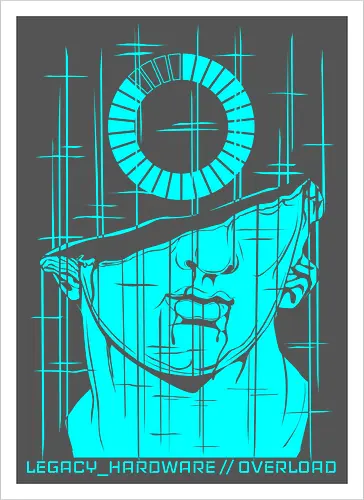 OVERLOAD // cyan_screen_of_death.exe - rrg.exe, legacy hardware, overload, glitch art, colossal head, statue, stuck loading, infinite loading, system error, cyberpunk, techwear, dark art, dark aesthetic, geekwear, streetwear, programmer humor, monochrome, neon cyan, dead pixel, blue screen of death, marble, broken statue - Artprint