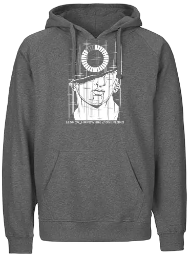 OVERLOAD // white_noise.raw - rrg.exe, legacy hardware, overload, glitch art, colossal head, statue, stuck loading, infinite loading, system error, cyberpunk, techwear, dark art, dark aesthetic, geekwear, streetwear, programmer humor, monochrome, neon cyan, dead pixel, blue screen of death, marble, broken statue - Fairtrade Hoodie