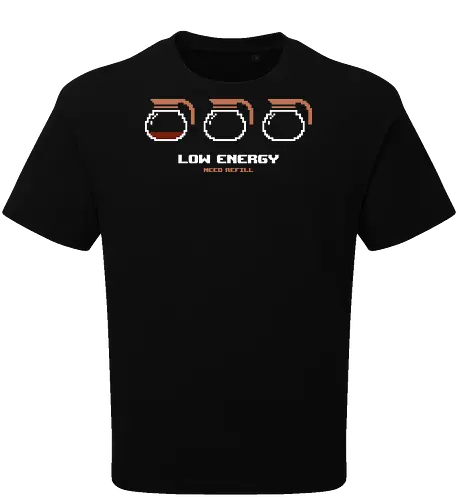 Low Energy Need Refill Coffee - coffee, 8bit, caffeine, caffeine addict, coffee drinks, coffee lover, cup of coffee, espresso, funny, i love coffee, low energy, morning coffee, pixelart, retro, sleepy - Oversize T-Shirt