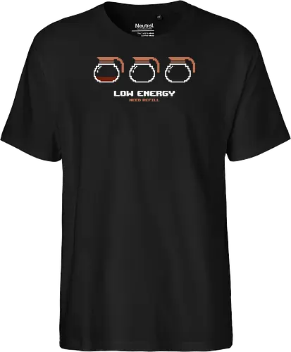 Low Energy Need Refill Coffee - coffee, 8bit, caffeine, caffeine addict, coffee drinks, coffee lover, cup of coffee, espresso, funny, i love coffee, low energy, morning coffee, pixelart, retro, sleepy - Fairtrade T-Shirt