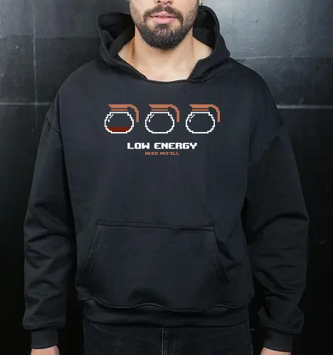 Low Energy Need Refill Coffee - coffee, 8bit, caffeine, caffeine addict, coffee drinks, coffee lover, cup of coffee, espresso, funny, i love coffee, low energy, morning coffee, pixelart, retro, sleepy - Cropped Hoodie