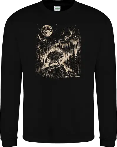 Jimothy Waschbär – Seattle Feral Legend Vintage im Mondlicht - Jimothy, Waschbär, Seattle, Ballard, Washington, Pacific Northwest, Vintage, Retro, Vollmond, Wald, Space Needle, Kupferstich, Natur, Wildlife, Abenteuer - Sweatshirt