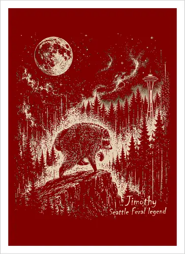 Jimothy Waschbär – Seattle Feral Legend Vintage im Mondlicht - Jimothy, Waschbär, Seattle, Ballard, Washington, Pacific Northwest, Vintage, Retro, Vollmond, Wald, Space Needle, Kupferstich, Natur, Wildlife, Abenteuer - Artprint