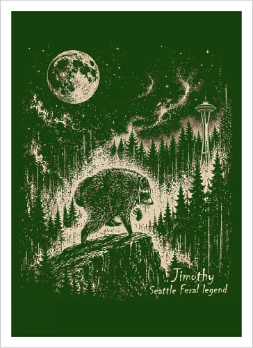 Jimothy Waschbär – Seattle Feral Legend Vintage im Mondlicht - Jimothy, Waschbär, Seattle, Ballard, Washington, Pacific Northwest, Vintage, Retro, Vollmond, Wald, Space Needle, Kupferstich, Natur, Wildlife, Abenteuer - Artprint