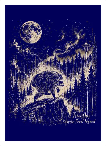 Jimothy Waschbär – Seattle Feral Legend Vintage im Mondlicht - Jimothy, Waschbär, Seattle, Ballard, Washington, Pacific Northwest, Vintage, Retro, Vollmond, Wald, Space Needle, Kupferstich, Natur, Wildlife, Abenteuer - Artprint