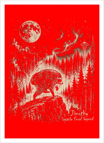 Jimothy Waschbär – Seattle Feral Legend Vintage im Mondlicht - Jimothy, Waschbär, Seattle, Ballard, Washington, Pacific Northwest, Vintage, Retro, Vollmond, Wald, Space Needle, Kupferstich, Natur, Wildlife, Abenteuer - Artprint