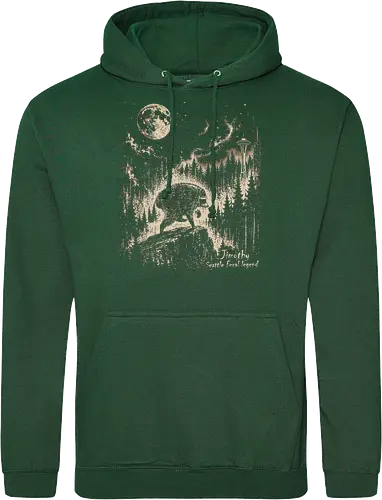 Jimothy Waschbär – Seattle Feral Legend Vintage im Mondlicht - Jimothy, Waschbär, Seattle, Ballard, Washington, Pacific Northwest, Vintage, Retro, Vollmond, Wald, Space Needle, Kupferstich, Natur, Wildlife, Abenteuer - Standard Hoodie