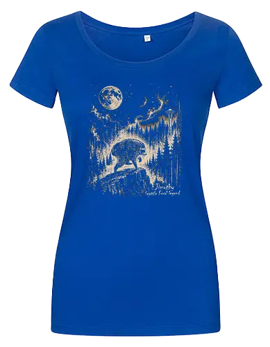 Jimothy Waschbär – Seattle Feral Legend Vintage im Mondlicht - Jimothy, Waschbär, Seattle, Ballard, Washington, Pacific Northwest, Vintage, Retro, Vollmond, Wald, Space Needle, Kupferstich, Natur, Wildlife, Abenteuer - Women T-Shirt