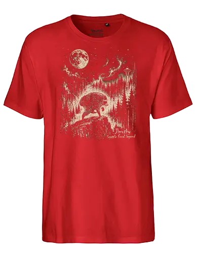 Jimothy Waschbär – Seattle Feral Legend Vintage im Mondlicht - Jimothy, Waschbär, Seattle, Ballard, Washington, Pacific Northwest, Vintage, Retro, Vollmond, Wald, Space Needle, Kupferstich, Natur, Wildlife, Abenteuer - Fairtrade T-Shirt
