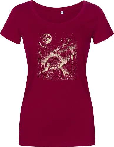 Jimothy Waschbär – Seattle Feral Legend Vintage im Mondlicht - Jimothy, Waschbär, Seattle, Ballard, Washington, Pacific Northwest, Vintage, Retro, Vollmond, Wald, Space Needle, Kupferstich, Natur, Wildlife, Abenteuer - Women T-Shirt