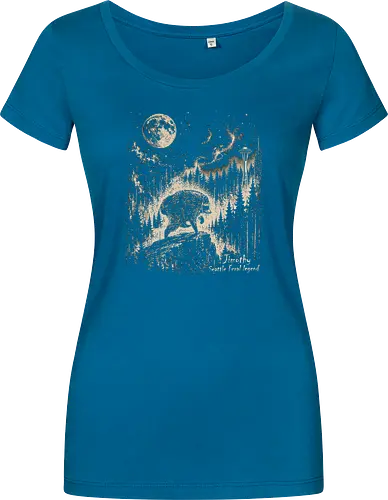Jimothy Waschbär – Seattle Feral Legend Vintage im Mondlicht - Jimothy, Waschbär, Seattle, Ballard, Washington, Pacific Northwest, Vintage, Retro, Vollmond, Wald, Space Needle, Kupferstich, Natur, Wildlife, Abenteuer - Women T-Shirt