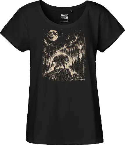 Jimothy Waschbär – Seattle Feral Legend Vintage im Mondlicht - Jimothy, Waschbär, Seattle, Ballard, Washington, Pacific Northwest, Vintage, Retro, Vollmond, Wald, Space Needle, Kupferstich, Natur, Wildlife, Abenteuer - Fairtrade Girl Shirt