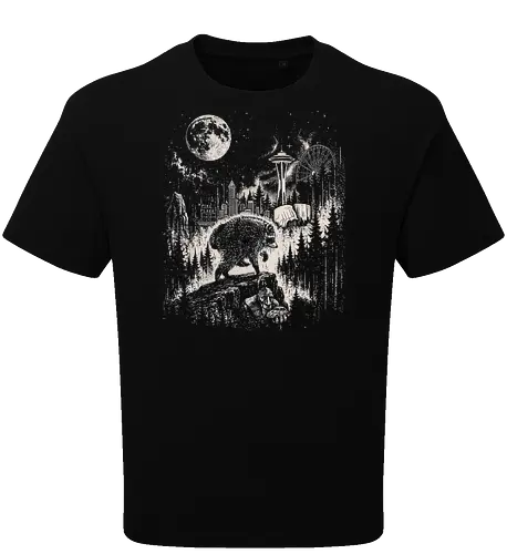 Jimothy Waschbär – Seattle Feral Legend Retro Wald Design - Jimothy, Waschbär, Seattle Legend, Retro, Vintage Art, Mond, Wald, Evergreen, Naturfreund, Seattle Skyline, Gravur, Outdoor, Pacific Northwest, Tiermotiv, Illustration - Oversize T-Shirt