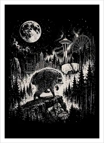Jimothy Waschbär – Seattle Feral Legend Retro Wald Design - Jimothy, Waschbär, Seattle Legend, Retro, Vintage Art, Mond, Wald, Evergreen, Naturfreund, Seattle Skyline, Gravur, Outdoor, Pacific Northwest, Tiermotiv, Illustration - Artprint