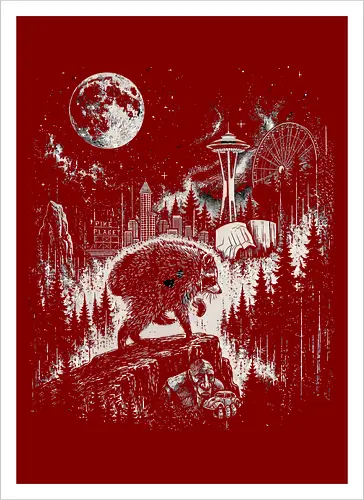 Jimothy Waschbär – Seattle Feral Legend Retro Wald Design - Jimothy, Waschbär, Seattle Legend, Retro, Vintage Art, Mond, Wald, Evergreen, Naturfreund, Seattle Skyline, Gravur, Outdoor, Pacific Northwest, Tiermotiv, Illustration - Artprint