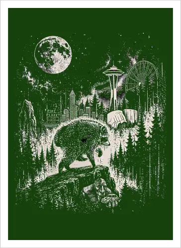 Jimothy Waschbär – Seattle Feral Legend Retro Wald Design - Jimothy, Waschbär, Seattle Legend, Retro, Vintage Art, Mond, Wald, Evergreen, Naturfreund, Seattle Skyline, Gravur, Outdoor, Pacific Northwest, Tiermotiv, Illustration - Artprint