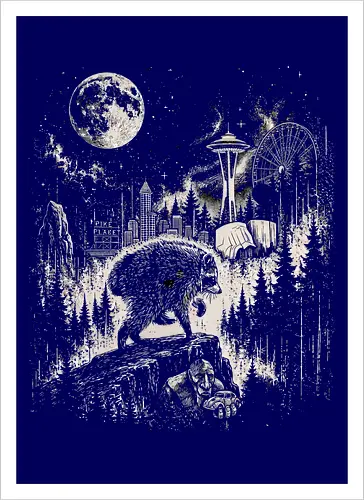 Jimothy Waschbär – Seattle Feral Legend Retro Wald Design - Jimothy, Waschbär, Seattle Legend, Retro, Vintage Art, Mond, Wald, Evergreen, Naturfreund, Seattle Skyline, Gravur, Outdoor, Pacific Northwest, Tiermotiv, Illustration - Artprint