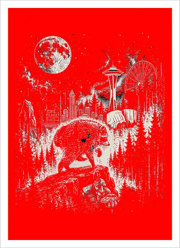 Jimothy Waschbär – Seattle Feral Legend Retro Wald Design - Jimothy, Waschbär, Seattle Legend, Retro, Vintage Art, Mond, Wald, Evergreen, Naturfreund, Seattle Skyline, Gravur, Outdoor, Pacific Northwest, Tiermotiv, Illustration - Artprint