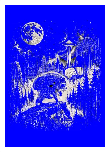 Jimothy Waschbär – Seattle Feral Legend Retro Wald Design - Jimothy, Waschbär, Seattle Legend, Retro, Vintage Art, Mond, Wald, Evergreen, Naturfreund, Seattle Skyline, Gravur, Outdoor, Pacific Northwest, Tiermotiv, Illustration - Artprint