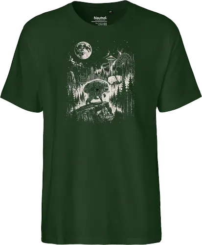 Jimothy Waschbär – Seattle Feral Legend Retro Wald Design - Jimothy, Waschbär, Seattle Legend, Retro, Vintage Art, Mond, Wald, Evergreen, Naturfreund, Seattle Skyline, Gravur, Outdoor, Pacific Northwest, Tiermotiv, Illustration - Fairtrade T-Shirt