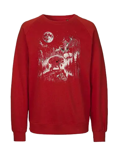 Jimothy Waschbär – Seattle Feral Legend Retro Wald Design - Jimothy, Waschbär, Seattle Legend, Retro, Vintage Art, Mond, Wald, Evergreen, Naturfreund, Seattle Skyline, Gravur, Outdoor, Pacific Northwest, Tiermotiv, Illustration - Fairtrade Sweatshirt