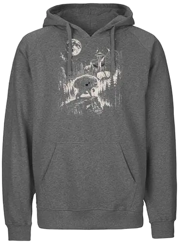 Jimothy Waschbär – Seattle Feral Legend Retro Wald Design - Jimothy, Waschbär, Seattle Legend, Retro, Vintage Art, Mond, Wald, Evergreen, Naturfreund, Seattle Skyline, Gravur, Outdoor, Pacific Northwest, Tiermotiv, Illustration - Fairtrade Hoodie