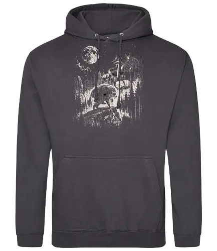 Jimothy Waschbär – Seattle Feral Legend Retro Wald Design - Jimothy, Waschbär, Seattle Legend, Retro, Vintage Art, Mond, Wald, Evergreen, Naturfreund, Seattle Skyline, Gravur, Outdoor, Pacific Northwest, Tiermotiv, Illustration - Standard Hoodie