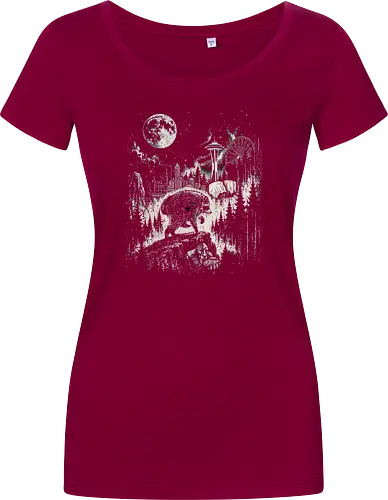 Jimothy Waschbär – Seattle Feral Legend Retro Wald Design - Jimothy, Waschbär, Seattle Legend, Retro, Vintage Art, Mond, Wald, Evergreen, Naturfreund, Seattle Skyline, Gravur, Outdoor, Pacific Northwest, Tiermotiv, Illustration - Women T-Shirt