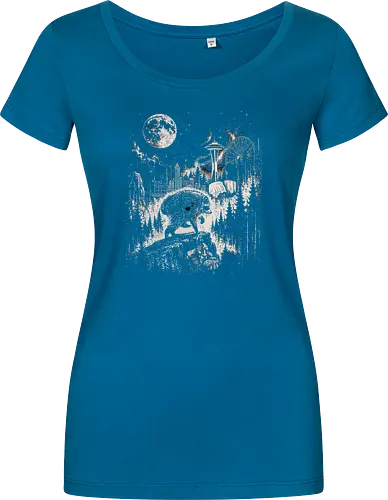 Jimothy Waschbär – Seattle Feral Legend Retro Wald Design - Jimothy, Waschbär, Seattle Legend, Retro, Vintage Art, Mond, Wald, Evergreen, Naturfreund, Seattle Skyline, Gravur, Outdoor, Pacific Northwest, Tiermotiv, Illustration - Women T-Shirt