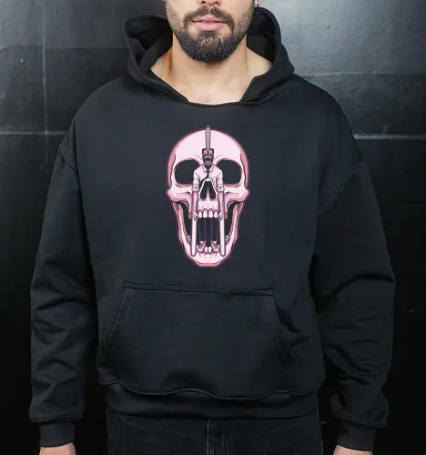 The Skull Illusion - Denji graphic tee, pastel goth anime apparel, pink skull design, edgy otaku streetwear, anime optical illusion, dark fantasy manga tee, aesthetic anime clothing, devil hunter merch, subtle anime fashion - Cropped Hoodie