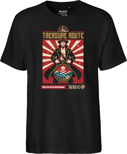 Treasure Route - pirate captain shirt, anime adventure graphic tee, treasure route apparel, retro poster streetwear, nautical anime clothing, skull and crossbones merch, Japanese text pirate tee, vintage sea voyage graphic, shonen manga fashion, Pirate inspired design - Fairtrade T-Shirt