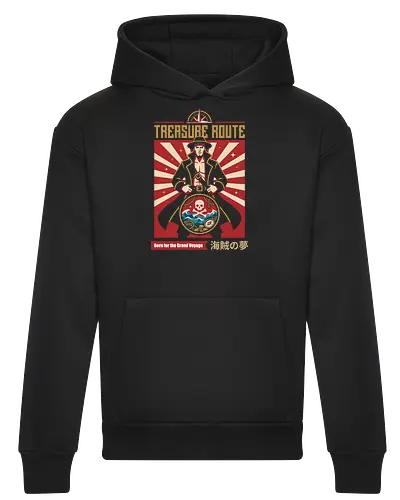 Treasure Route - pirate captain shirt, anime adventure graphic tee, treasure route apparel, retro poster streetwear, nautical anime clothing, skull and crossbones merch, Japanese text pirate tee, vintage sea voyage graphic, shonen manga fashion, Pirate inspired design - Heavyweight Hoodie