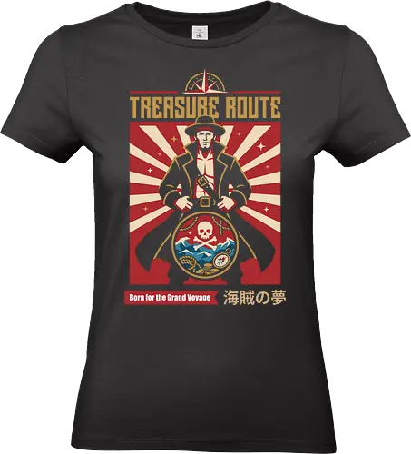 Treasure Route - pirate captain shirt, anime adventure graphic tee, treasure route apparel, retro poster streetwear, nautical anime clothing, skull and crossbones merch, Japanese text pirate tee, vintage sea voyage graphic, shonen manga fashion, Pirate inspired design - Standard T-Shirt (Women)