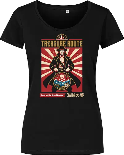 Treasure Route - pirate captain shirt, anime adventure graphic tee, treasure route apparel, retro poster streetwear, nautical anime clothing, skull and crossbones merch, Japanese text pirate tee, vintage sea voyage graphic, shonen manga fashion, Pirate inspired design - Women T-Shirt
