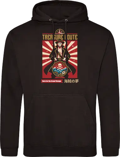 Treasure Route - pirate captain shirt, anime adventure graphic tee, treasure route apparel, retro poster streetwear, nautical anime clothing, skull and crossbones merch, Japanese text pirate tee, vintage sea voyage graphic, shonen manga fashion, Pirate inspired design - Standard Hoodie