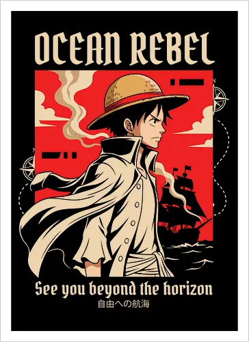 Ocean Rebel - Luffy graphic shirt, pirate captain apparel, Ocean Rebel streetwear, retro anime poster design, shonen manga clothing, Straw Hat pirate merch, aesthetic otaku fashion, Japanese nautical graphic, red anime silhouette tee - Artprint