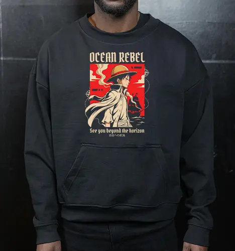 Ocean Rebel - Luffy graphic shirt, pirate captain apparel, Ocean Rebel streetwear, retro anime poster design, shonen manga clothing, Straw Hat pirate merch, aesthetic otaku fashion, Japanese nautical graphic, red anime silhouette tee - Cropped Sweatshirt