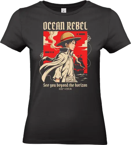 Ocean Rebel - Luffy graphic shirt, pirate captain apparel, Ocean Rebel streetwear, retro anime poster design, shonen manga clothing, Straw Hat pirate merch, aesthetic otaku fashion, Japanese nautical graphic, red anime silhouette tee - Standard T-Shirt (Women)