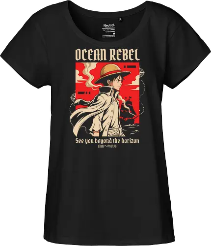 Ocean Rebel - Luffy graphic shirt, pirate captain apparel, Ocean Rebel streetwear, retro anime poster design, shonen manga clothing, Straw Hat pirate merch, aesthetic otaku fashion, Japanese nautical graphic, red anime silhouette tee - Fairtrade Girl Shirt