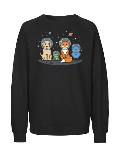 Space Cadets: The Animal Crew - animal astronaut shirt, space animals graphic tee, kawaii galaxy apparel, dog and fox space merch, cute astronomy clothing, kids space exploration shirt, whimsical universe design, pastel galaxy aesthetic tee, funny space crew clothing, animal lovers sci-fi shirt - Fairtrade Sweatshirt