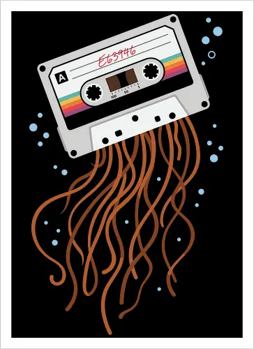 Cassette Jellyfish: Retro Tape Tangled - cassette tape shirt, retro music graphic tee, vintage jellyfish apparel, 80s nostalgia streetwear, unspooled audio tape design, aesthetic music clothing, quirky marine life tee, hipster graphic fashion, surreal art shirt, old school tech merch - Artprint