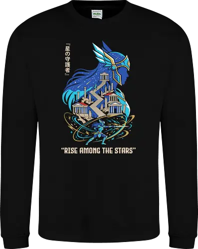 Rise Among the Stars: The Pegasus Goddess - Athena goddess apparel, retro 80s anime streetwear, Greek mythology anime clothing, nostalgic shonen manga tee, Japanese text anime shirt, epic magical battle design, aesthetic otaku fashion, Pegasus graphic tee - Sweatshirt