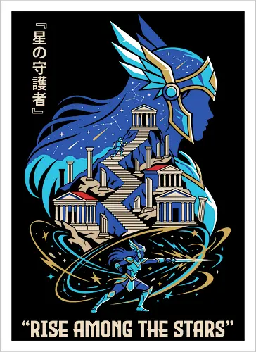 Rise Among the Stars: The Pegasus Goddess - Athena goddess apparel, retro 80s anime streetwear, Greek mythology anime clothing, nostalgic shonen manga tee, Japanese text anime shirt, epic magical battle design, aesthetic otaku fashion, Pegasus graphic tee - Artprint