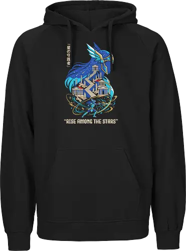 Rise Among the Stars: The Pegasus Goddess - Athena goddess apparel, retro 80s anime streetwear, Greek mythology anime clothing, nostalgic shonen manga tee, Japanese text anime shirt, epic magical battle design, aesthetic otaku fashion, Pegasus graphic tee - Fairtrade Hoodie